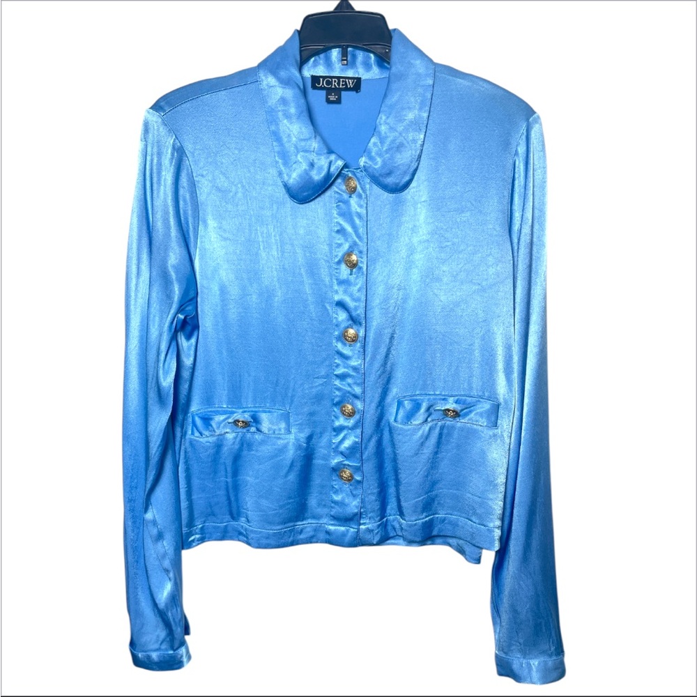 J. Crew Blue Satin Shirt Gold Women’s Small Luster Crepe Y2K Preppy Blouse Regal